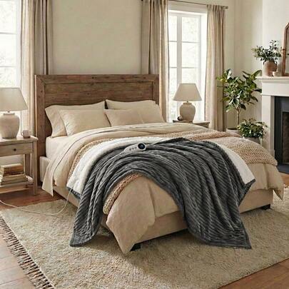 50"X60"  Ribbed Flannel Heated Blanket With Sherpa Lining & 9 Heat Settings