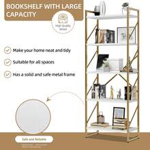 Vongrasig 5 Tier Bookshelf, Free Standing Bookcase Organizer Farmhouse Kitchen Ladder Shelves Rustic Wood Open Shelves Metal Frame, Vintage Storage Display Rack For Living Room, Bedroom Home Office - 白色+金色 - 查看 4