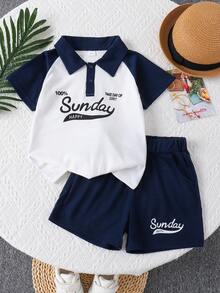 2件套男童条纹贴花小熊Polo衫和短裤套装，休闲度假及上学服装，4-7岁 - 彩色 - 查看 1