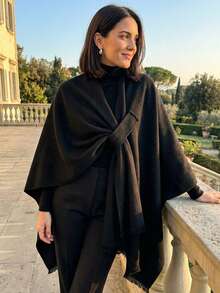 1pc Minimalist Solid Color Faux Cashmere Fringe Design Warm Shawl, Women Casual Soft Outerwear Accessory, Suitable For Autumn/Winter, Daily Wear, Commute, Office, Holiday Gift - Black - View 4
