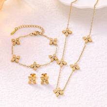 1 Set Luxury Rhinestone Inlaid 18K Gold Plated Clover Bracelet, Necklace, Earrings Jewelry Set, Suitable For Women's Daily Wear - Gold - View 11