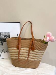1pc Large Capacity Casual Patchwork Straw Tote Bag, Portable Shoulder Handbag Suitable For Beach, Vacation, Travel, Great Gift For Family, Friends, Loved Ones - Multicolor - View 10