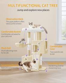 HaluPeit Cat Tree, 98cm Small Cat Tree, Spacious And Stable, With Soft Large Platform, Plush Balls, Caves, Scratching Posts, Cat Scratching Board, Beige - Beige - View 2