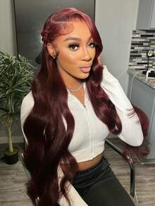34 Inch 200% 99J Burgundy Body Wave 13x4 Transparent Lace Frontal Human Hair Wigs Pre Plucked With Baby Hair Wine Red 99J Colored Lace Front Wig For Women - S99J - 查看 7