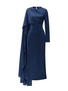 Đầm maxi dáng đuôi cá sang trọng, tay dài bằng satin, phối vạt trước xếp ly, màu xanh navy, thích hợp cho nữ, dự tiệc cưới, tiệc tối. - Màu xanh hải quân - Xem 3