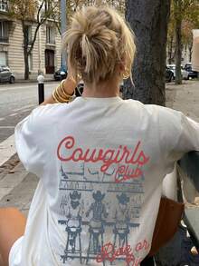 1件女款夏季圓領短袖T恤，西部牛仔女郎與英文字母印花，寬鬆休閒百搭高品質白色 - 白色 - 查看 6