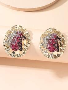 Random Color Rhinestone Decor Textured Stud Earrings - Multicolor - View 9