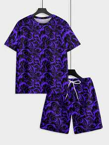 2-Piece Retro Elegant Knit Fabric Set, Exquisite & Intricate, For Men's Vacation Trips, Summer Dark Purple On Black Scroll Pattern Short Sleeve & Beach Shorts Set - 彩色 - 查看 6