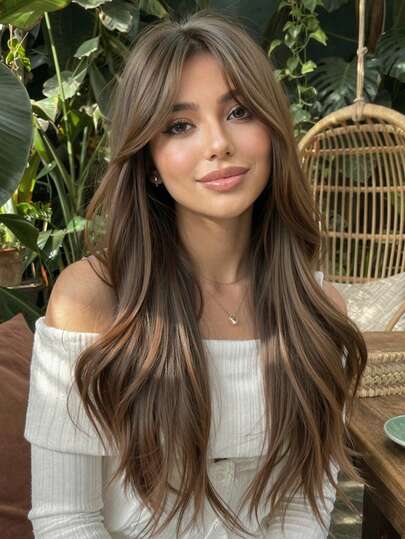 24 tum/60 cm lång vågig chokladbrun peruk med lugg - syntetiska peruker för kvinnor värmebeständigt naturligt hår cosplay färgglatt syntetiskt hår peruk högtemperaturhår för kvinnor helgdag daglig mode stil syntetiskt hår peruk vävt hår peruk för halloween och jul