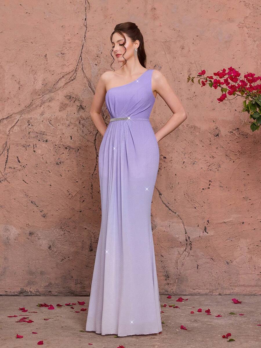 Đầm dạ hội đuôi cá thắt eo đính kim cương màu tím oải hương Mgiacy, đầm dạ hội mùa hè thanh lịch dành cho nữ và đầm phù dâu trang trọng với hiệu ứng lấp lánh chuyển màu. - Màu tím hoa cà - Xem 1