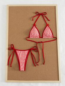 Bộ đồ bơi 2 mảnh gợi cảm, tối giản, dễ thương dành cho nữ, bikini hai mảnh kẻ caro đỏ buộc dây cổ và nơ, thích hợp cho bãi biển, kỳ nghỉ, hẹn hò, mùa xuân/hè. - Đỏ - Xem 5