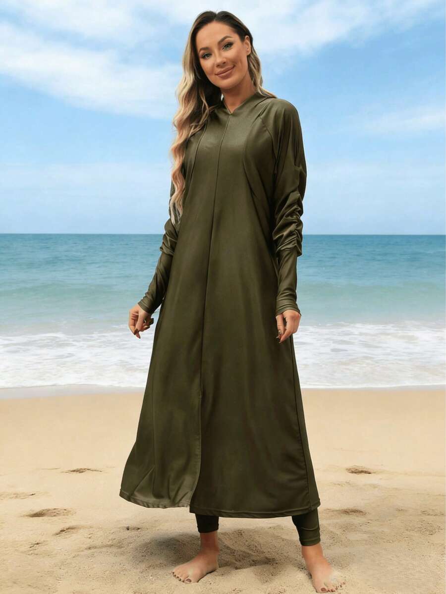 VFJ 女士黑色高弹力布基尼泳衣，圆领长袖，拉链腰带，全包臀设计，优雅款式，搭配高腰紧身裤，适合夏季海滩度假穿着。