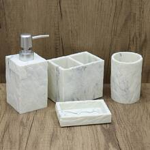 高级大理石外观浴室配件套装，包括洗发水、沐浴露、皂液器、牙刷架、肥皂盒、玻璃杯，可自由组合用于各种场景 - 白仿樹皮紋 - 查看 9