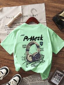 1pc Tween Boy Casual Headphone Graphic Print Short Sleeve T-Shirt, Summer Top For Young Students - Mint Green - View 4