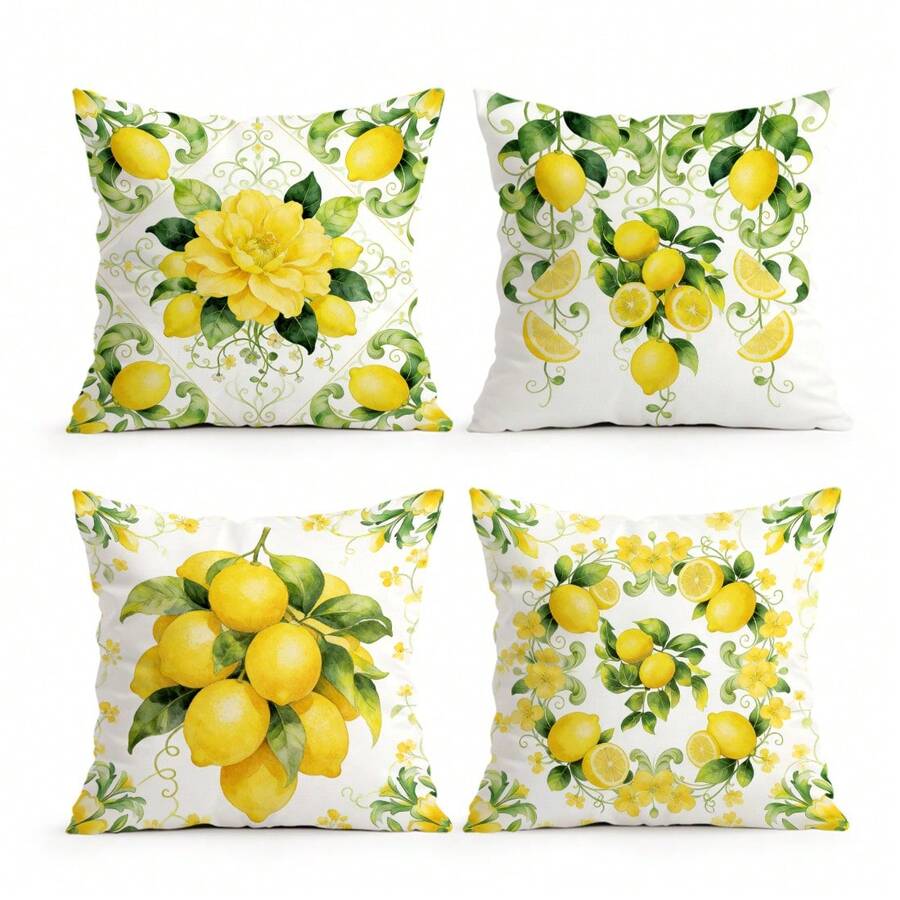 4pcs Yellow Floral & Lemon Pattern Set - Single-Sided Printed Throw Pillow Covers, Decorative Cushion Covers Suitable For Living Room Sofa Bedroom, Pillow Inserts Not Included - Multicolor - View 1