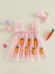 Conjunto de 2 piezas de ropa de Pascua para niñas pequeñas, con estampado de zanahoria y estrellas, manga voladora, vestido de malla y diadema con lazo - Rosa - Ver 6