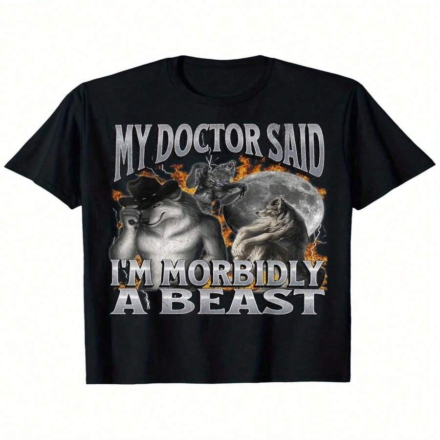 Funny Werewolf Meme T-Shirt - 'My Doctor Said I'm Morbidly A Beast' Graphic, 100% Cotton, Round Neck, Short Sve, Black, Perfect Halloween Gift For & Wo, S-XXXXXL - Black 2 - 查看 1