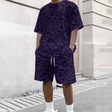 2-Piece Minimalist Elegant Knit Fabric Set, Soft & Delicate, For Men's Casual Strolls, Summer Light Purple Full-Print Subtle Pattern Short Sleeve & Beach Shorts Set - 彩色 - 查看 4