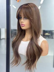 24英寸/60厘米长款波浪巧克力棕色假发，带刘海 - 女士耐热合成假发，自然逼真，适合角色扮演、彩色合成假发、高温假发，适合女性日常时尚造型，也适合万圣节和圣诞节等场合。 - 棕色 - 查看 7