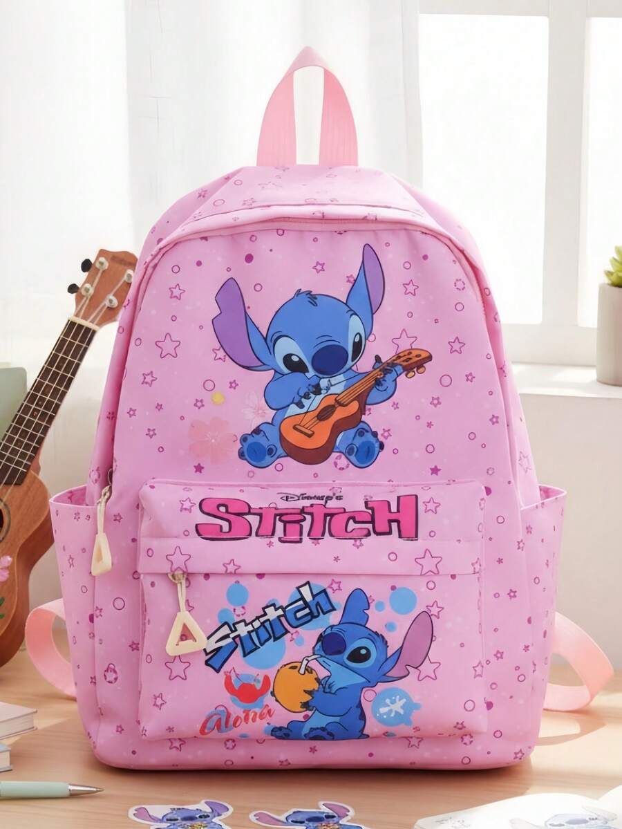 Ba lô Lilo & Stitch màu hồng được cấp phép chính thức - Ba lô họa tiết ngôi sao thời trang, phù hợp cho các hoạt động hàng ngày và đi học - Họa tiết đàn ukulele Stitch màu xanh dễ thương - Ba lô thông thường dung tích lớn với túi phụ kiện phía trước. - Nhiều màu - Xem 1
