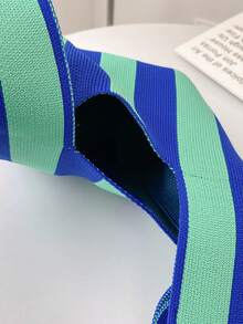 lulu kewen 1 buah Tas Tote Pegangan Simpul Anyaman Buatan Tangan, Pola Kotak-kotak Bergaris, Tas Tangan Anyaman Poliester untuk Wanita - Biru - View 9