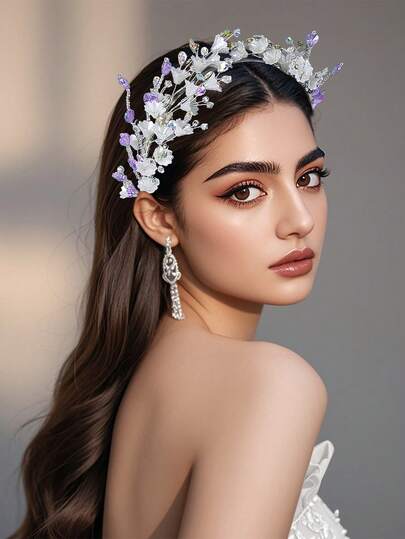 1pc Dreamy Crystal Flower Headband, Fresh Forest Fairy Flower Crown Headpiece, Elegant For Bride, Wedding, Engagement, Date, Party, Casual Wear