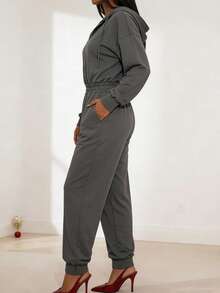 Women's Solid-Color Casual Jumpsuit With Hood, Drawstring Design, Zippered Pockets, And Long Sleeves Spring - Dark Grey - View 2