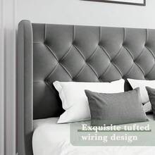 Full Bed Frame With Velvet Button-Tufted Headboard , Upholstered Bed Frames, Soft Fabric, Button Tufted Headboard With Windback, Curved Wingback Design,  Queen Bed Frame/ King Bed Frame/ Full Size Bed Frame, Pink/ White/ Grey - 灰色 - 查看 5