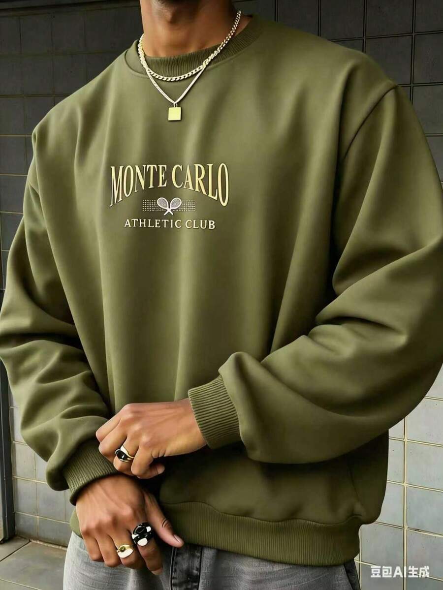 Men Letter Graphic Sweatshirt-Fall/Winter Casual Vintage Style Unisex Relaxed Fit Cotton Blend Long-Sleeve Crewneck Sweatshirtcomfortable And Breathable - 橄欖綠 - 查看 1