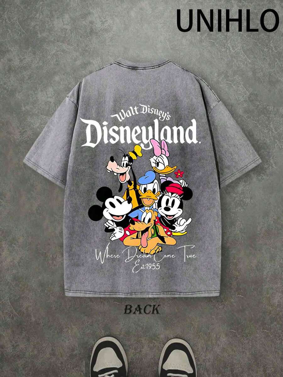 Disney UNIHLO  Mickey   Printed Summer Heavyweight Retro Washed Street Fashion Casual T-Shirt - Grey - View 1