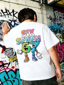 男童“SIX SEVEN-Italian Swag”彩色数字67卡通印花T恤，适合日常穿着、街头风、校园风，休闲百搭的夏季男童上衣 - 白色 - 查看 5