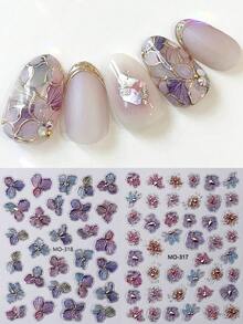 2片装春季紫金古铜花卉美甲贴纸，干花水彩渐变设计，闪金边自粘贴花，优雅奢华花瓣装饰，DIY美甲沙龙配件，美甲贴纸 - 彩色 - 查看 5