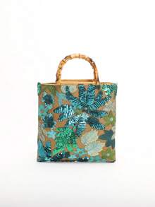 Túi xách nữ thời trang, sang trọng, phối sequin nhiều màu sắc, lưới thêu jacquard, quai xách tre, chất liệu vải lanh, thích hợp cho tiệc tùng và kỳ nghỉ, họa tiết hoa được gửi ngẫu nhiên. - màu xanh lá - Xem 6