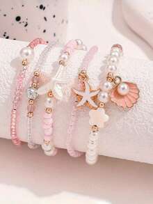 5pcs/Set Cute Girl's Beaded Woven Bracelet, Versatile For Summer, Beach, Vacation, Casual Wear, Shell & Starfish Pattern, Great Gift - Pink - View 2