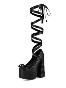 Womens's Ballet Pumps Sweet Lace Up Chunky High Heel Pumps Cute Platform Heels Bow Ribbon Pumps Satin Closed Toe Party Ballet Dress Shoes Elegant Wedding Party Shoes For Women - 黑色 - 查看 3