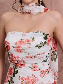 Đầm maxi dáng đuôi cá không dây vai bằng chiffon in hoa Mgiacy kèm khăn choàng, trang phục dạ hội thanh lịch dành cho khách dự đám cưới, tiệc mùa hè, kỳ nghỉ và lễ hội. - Hồng - Xem 8