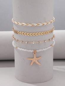 4pcs/Set Bohemian Style Polyester Woven Rope Airplane Chain Metal Zinc Alloy Starfish Pendant Multi-Layer Anklet, Suitable As Jewelry Gift For Beach Vacation - 21255-1-g - View 5
