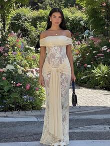 Sedessea Women's Solid Color Lace Patchwork Tie-Up Sexy Elegant Vacation Dress Summer - Apricot - View 7