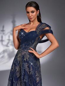 IBTRLY New High-End Luxury Elegant Navy Blue Heavy Beaded Sequin Embroidered Fabric Evening Gown With 3D Shoulder Design, Suitable For Formal Dinner, Party, Bachelorette Party, Wedding, Birthday Party, Homecoming, Ceremony, Ball, Mother Of The Bride - Navy Blue - View 9