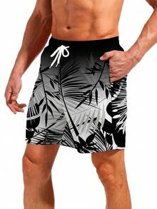 男士夏季渐变叶子印花抽绳腰带沙滩短裤 - 彩色 - 查看 3