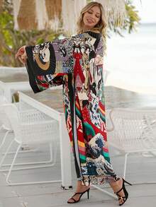 Summer Mid-Length Loose Beach Cover-Up Cover Up, Kimono, Bohemian Style Long Dress, Bikini Cover-Up, Sun Protection Clothing - Black - View 5