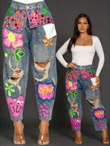 GLOURI Recious Womens Sexy Ripped Distressed Destroyed Colorful Rhinestones Printed Party Clubwear Denim Pants Jeans - Màu xanh lam - Xem 1