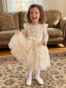 Toddler Dress Girls Ruffle Long Sleeve Layered Tulle Dress Fall Spring Fashion Party Dresses 3-10T, Kids Holiday Birthday Wedding Outfit - 杏色 - 查看 2