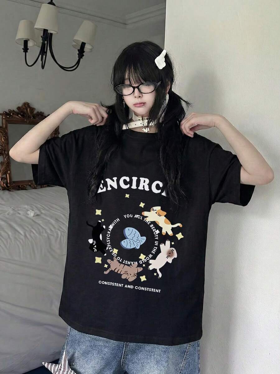 2026 Summer New Women's Round Neck Casual Loose Cute Cat & English Letter Print T-Shirt, Sweet Girl Student Commute Versatile Short Sleeve Tee, 1pc - Black - View 1