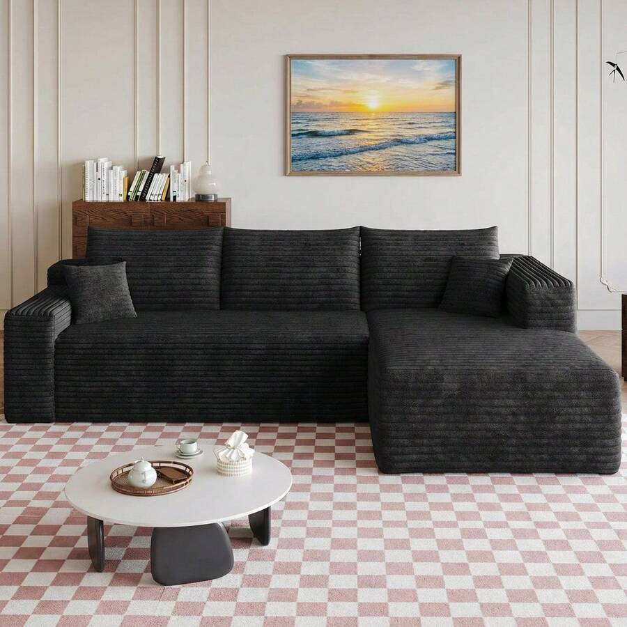 No Assembly 95" L Shaped Cloud Sectional Sofa Plush Corduroy Deep Seat Upholstered Corner Couch For Living Room - Màu đen ở bên phải - Xem 1