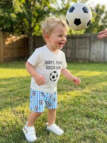 Baby Boy's Summer Outfit Football Soccer Sport Themed Clothes Short Sleeve Letter Print T-Shirt Novelty Cartoon Shorts 2Pcs Playwear Set - 爸爸未來的足球夥伴 - 查看 5