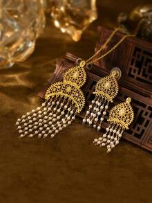 3pcs/Set Vintage Hollow Carved Copper Plated Gold Faux Pearl Tassel Necklace & Earrings Set, For Women Wedding Party Holiday Accessories - Yellow Gold - View 14