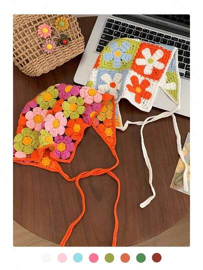 Crocheted Floral Triangular Headscarf, Boho Style Handmade Knitted Headband, Lightweight Hollow Out Crochet Beanie Hat, Bohemian Floral Tassel Woven Headwrap, Vintage Hollow Knitted Beanie Cap For Women, Summer