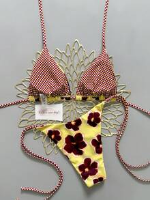 Bộ bikini nữ 2 mảnh in họa tiết hoa phối màu cổ điển, thích hợp cho bãi biển, hồ bơi, du thuyền, tiệc tùng vào mùa xuân và hè. - Vàng Tím - Xem 3