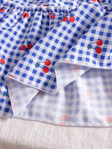 Summer Baby Girls Cute Fashionable Cherry Print Blue Plaid Ruffle Strap Dress For Party, Outing, Vacation - Multicolor - View 9